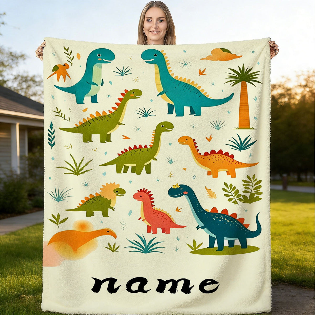 Personalized Custom Name Blanket, Cute Cartoon Baby Dinosaur Flannel Blanket, Plush Blanket Gift for Outdoor Enthusiasts, All-Season Gift Blanket Suitable for Home and Travel, Comfortable Personalized Blanket, Holiday Gift for Family and Friends