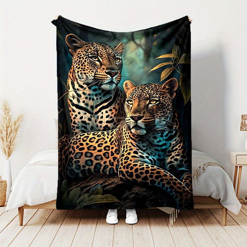 1pc, Leopard Print and Jungle-themed Flannel Blanket, Soft, Cozy, and Warm, Dark-toned Design, Durable Plush Surface, All-season Bed Throw, Warm Cover Blanket, Available in Multiple Sizes, Suitable for Living Room Sofas, Bedroom Beds, Office Breaks