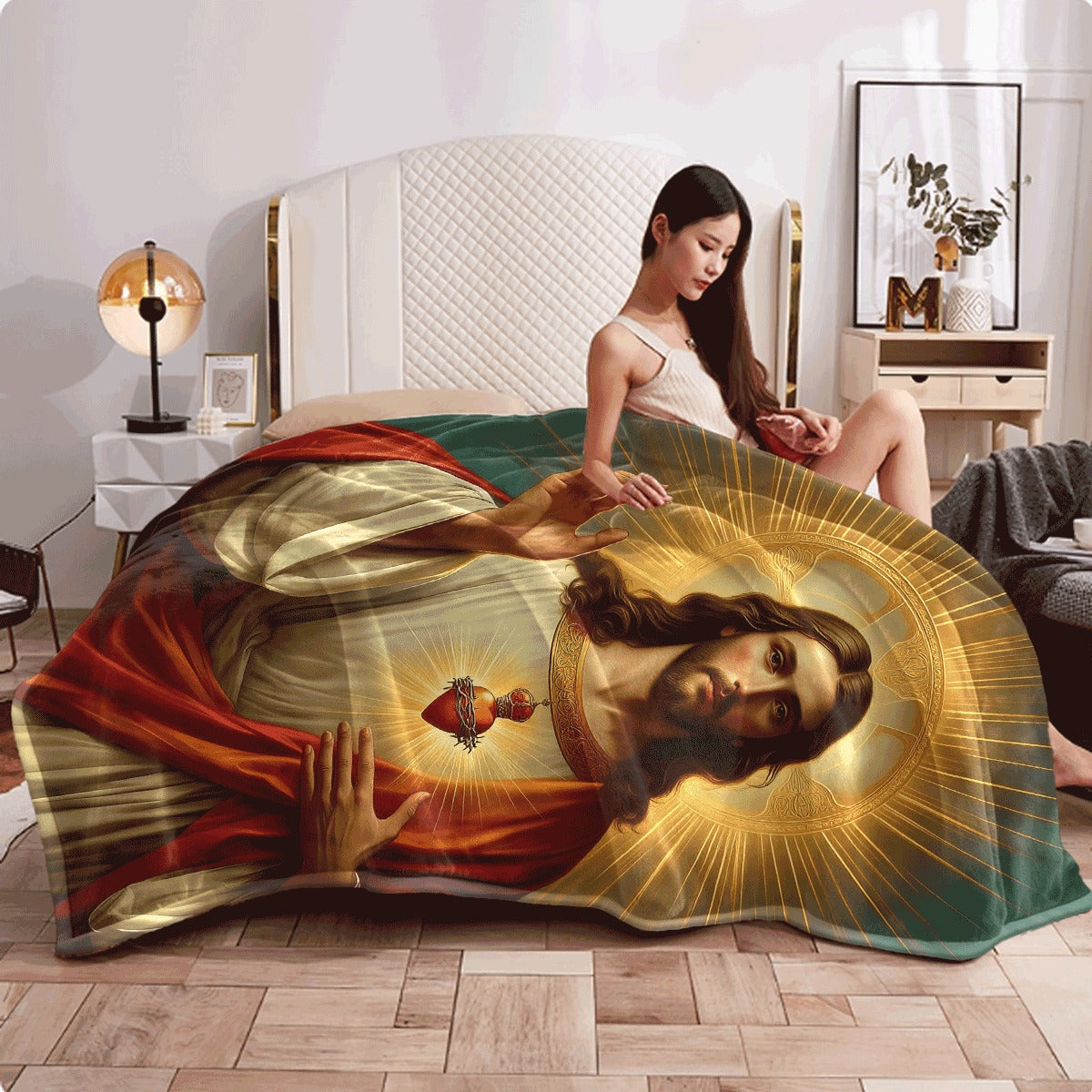 1pc Cartoon Flannel Blanket Sacred Heart Design Soft Warm All-Season Throw for Couch And Office Charming Religious Gift for Friends And Family Spiritual Comfort Radiant Pattern