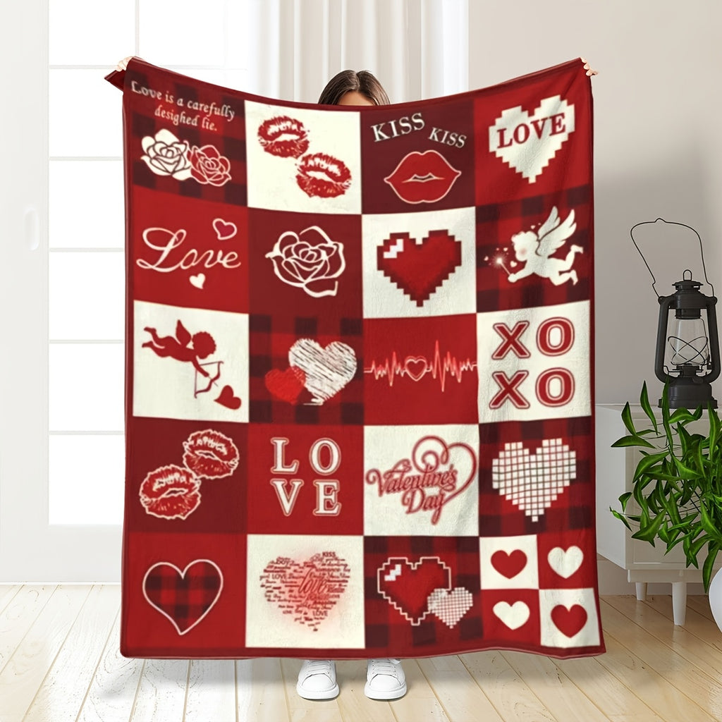 1pc Romantic I Love You Flannel Blanket- Soft, Comfortable, Warm with Heart-Shaped Patterns& Symbols- Valentine's Day, Anniversary, Birthday Gift for Him/Her/Couple- Red