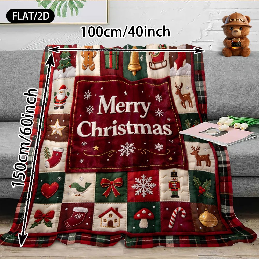 Flat/2D Digital Printing Flannel Blanket Cover Blanket, Retro Country Style Christmas Grid Patchwork Snowman Gingerbread Man Santa Claus Elk Bell Christmas Tree Pattern, Soft, Comfortable And Warm Skin-Friendly, Suitable for Bedroom