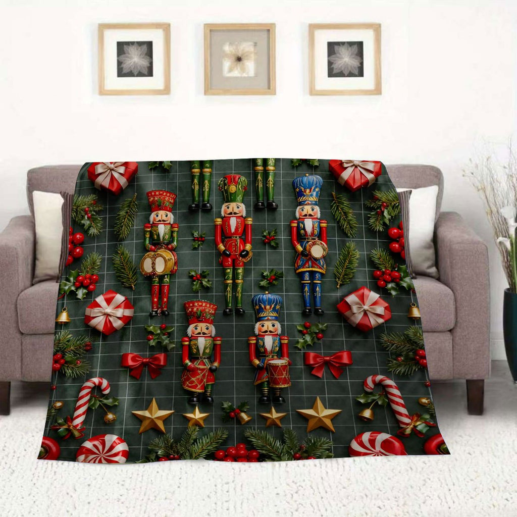 Christmas Nutcracker and Holiday Gift Themed Green Flannel Blanket, Soft, Comfortable, and Warm, Red and Golden Decorative Style Design, Durable Plush Surface, All-Season Universal Bed Blanket, Warm Throw Blanket, Multiple Sizes Available