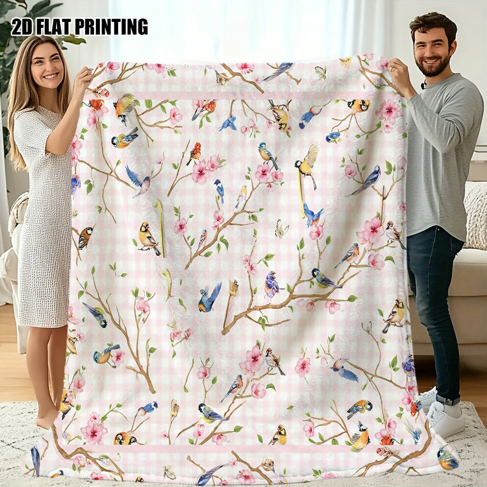 1pc Floral and Bird Pattern Blanket, Rustic Style Design, Soft Plush Surface, Lightweight and Durable Flannel Material, Multiple Sizes Available, Ideal for Holiday Gatherings, Living Room Lounging, Bedroom Sleep, Study Reading, and Seasonal Home