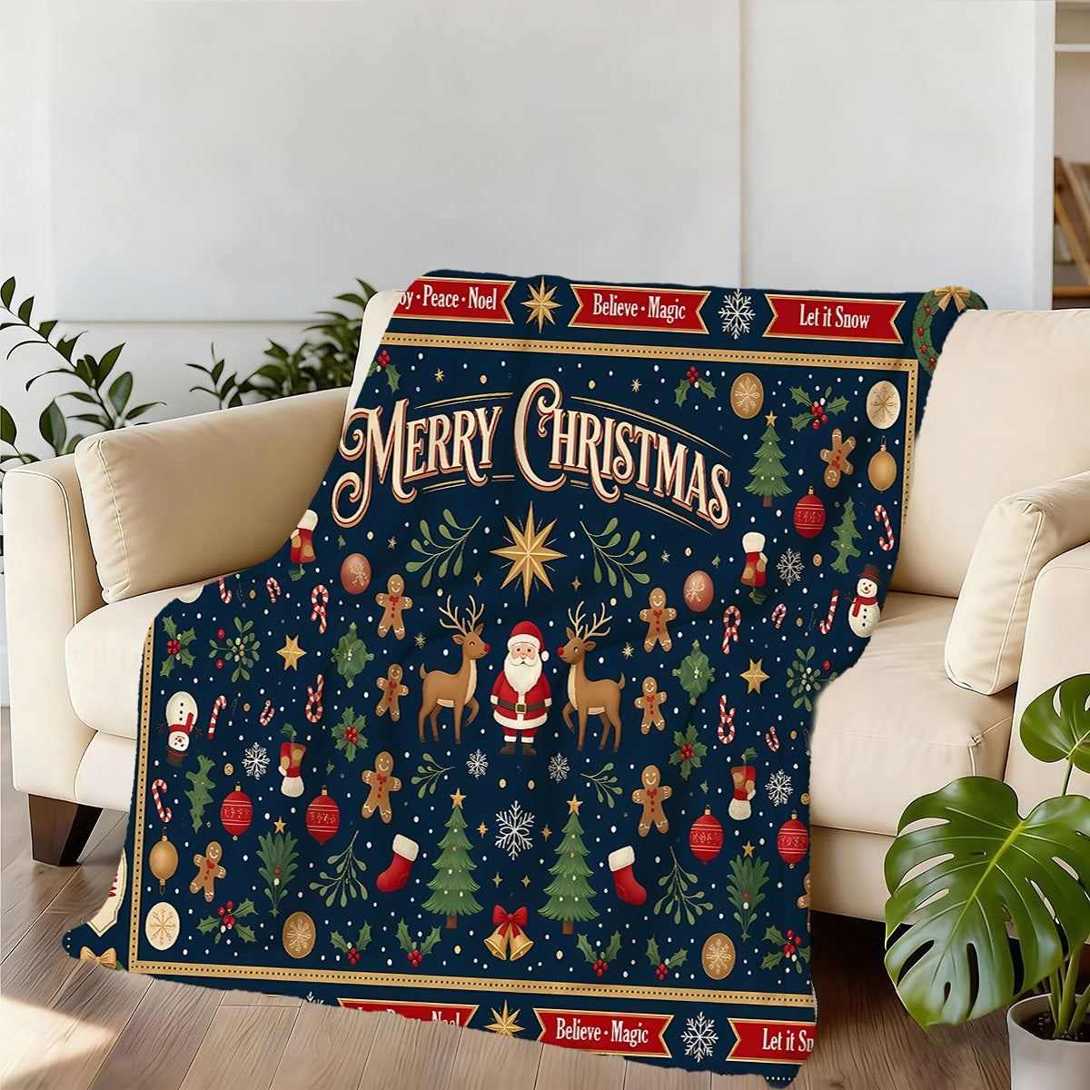 1pc, Santa And Reindeer Pattern Deep Blue Flannel Blanket, Soft Comfortable Warm, Festive Design, Durable Plush, All-Season Sofa Blanket, Warm Cover, Multiple Sizes Available, Suitable for Living Room Sofa, Bedroom, Reading Corner