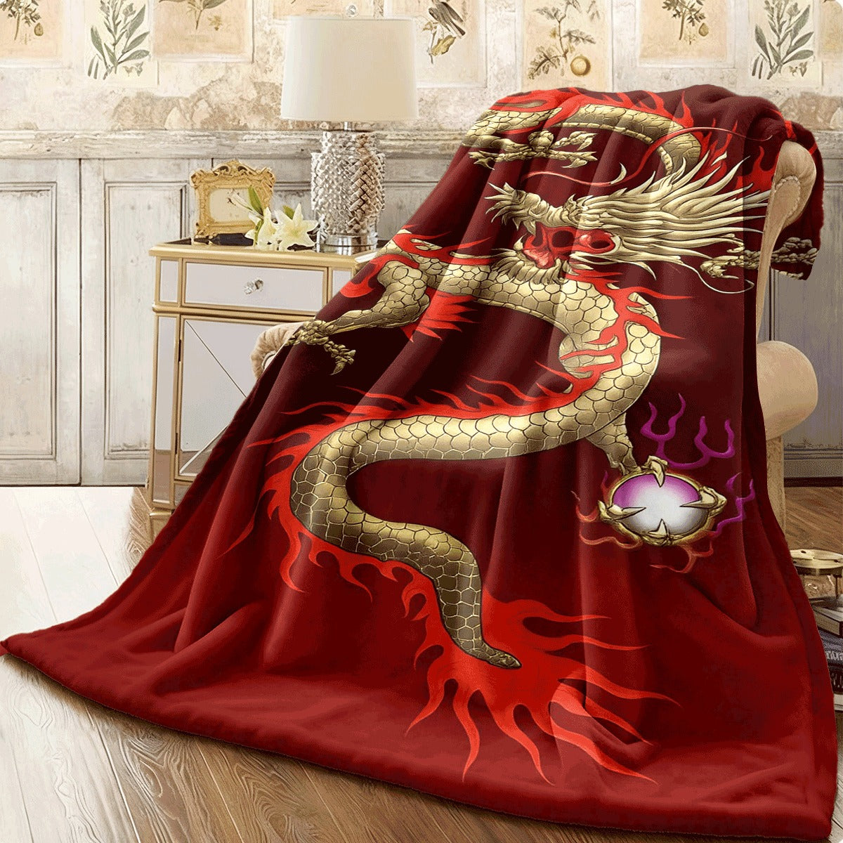 1pc Passionate Dragon Dance Series Quilted Flannel Spread Oriental Dragon Design Cover All-Season Soft Warm Spread Suitable for Modern Chinese Decor & Dragon-Themed Ding