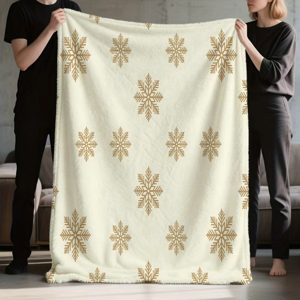 1pc, 1pc Golden Snowflake Pattern Christmas-themed Flannel Blanket, Soft, Comfortable, and Warm, Cream White Design, Durable Plush Surface, All-season Universal Sofa Throw, Warm Lap Blanket, Multiple Sizes Available, Suitable for Living Room Sofas