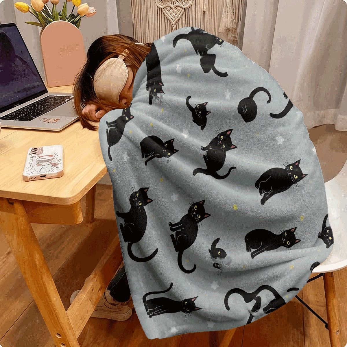 1pc Thickened Flannel Cat Blanket Suitable for Soft Cozy Spread with Black Cat And Kitten Patterns Light Gray Background All-Season Couch Carpet Decor Machine Washable Pet Owner Gift