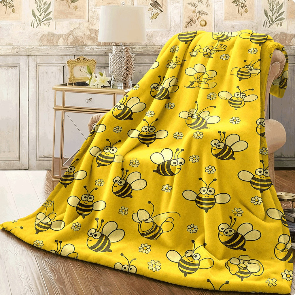 1pc Cozy Bee-Themed Flannel Throw Blanket Soft, Reversible, All-Season Comfort for Sofa, Camping & Travel Machine Washable