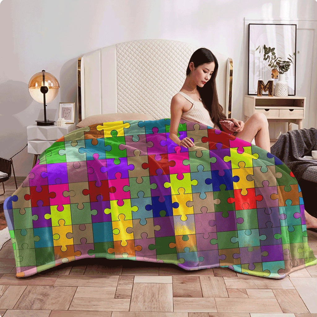 One Colorful Puzzle Design Flannel Blanket, Soft And Versatile, Perfect for Use on a Sofa, During Camping, While Traveling, Or As a Gift, Featuring Bright Mixed Colors for Year-Round Comfort