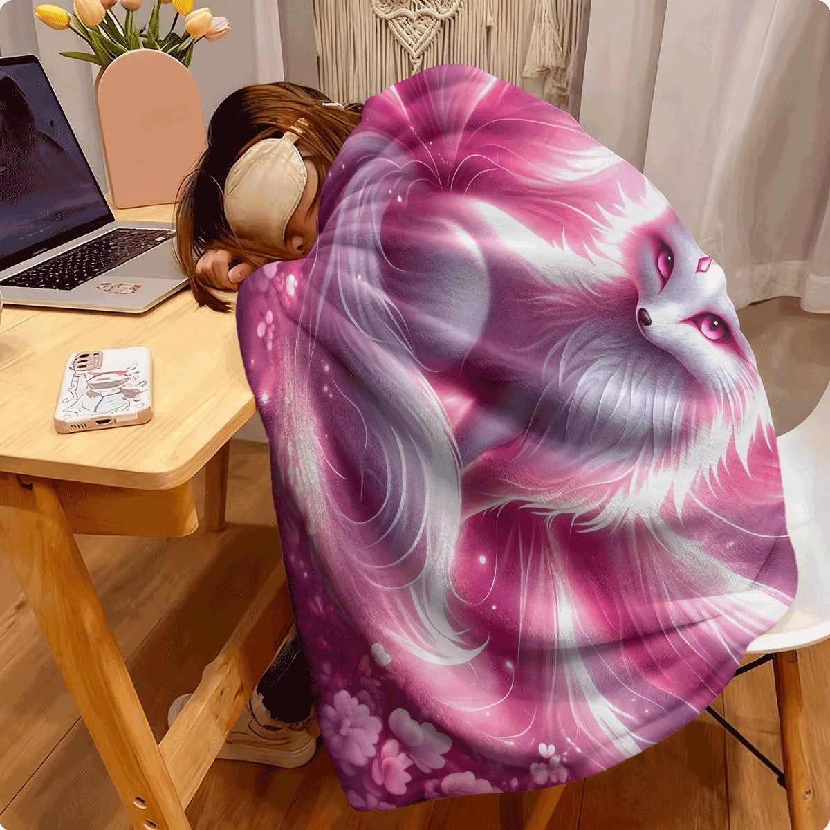 1pc Charming Nine-Tailed Fox Flannel Throw Blanket Soft Lightweight And Allergy-Friendly for Couch Camping And Travel Perfect Gift for Friends And Family