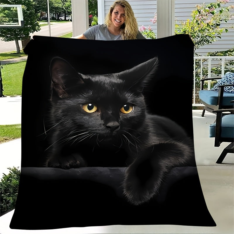 1pc Black Cat Print Blanket, Simple and Elegant Throw Blanket, Super Warm Soft and Comfortable Flannel Blanket, Multiple Sizes Available, Suitable for Living Room, Bedroom, Sofa, Office