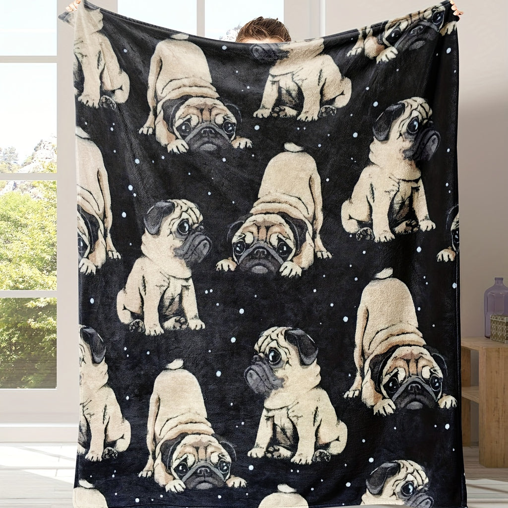 1pc 2D Flat Print Pug Dog Starry Sky Themed Blanket, Soft Flannel Blanket¡ªblack Starry Sky Design, Multiple Sizes Available, Suitable for Living Room, Bedroom, Sofa, Couch, and Reading Area, 2D Flat