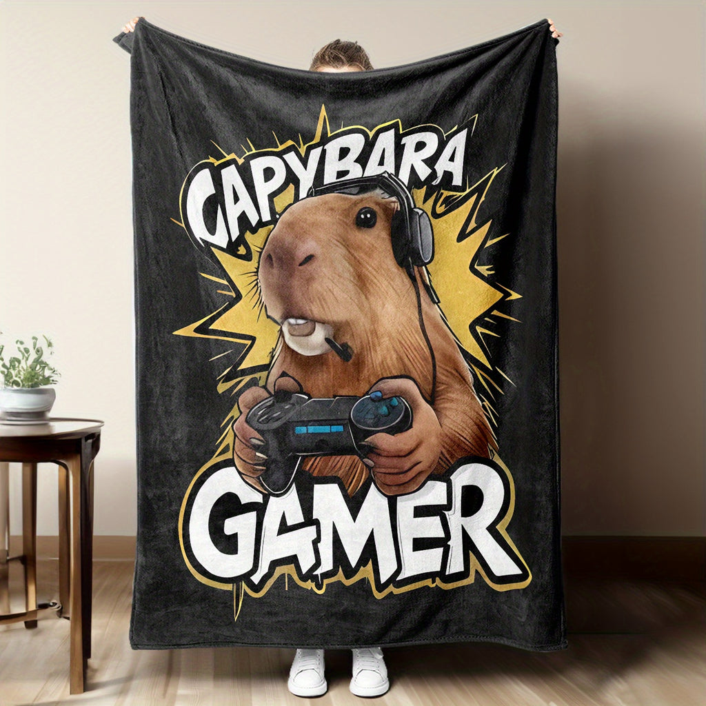 1pc Cartoon Flannel Blanket Featuring a Casual Capybara Game Design with Headphones And a Controller. This Soft And Warm Cozy Blanket Is Perfect for The Sofa,, Or Office, And Makes a Great Small Throw Or Nap Blanket