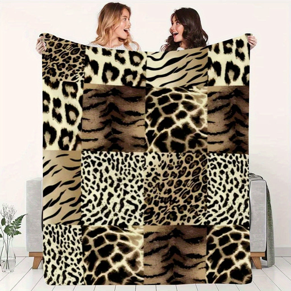 1pc 2D Flat-printed Leopard and Tiger Stripe Patchwork Blanket, Soft Flannel Throw, Beige and Black Design, All-season Warm Cover Blanket, Suitable for Living Room Sofas, Bedroom, Office Breaks, Outdoor Picnics, and Camping, 2D Flat