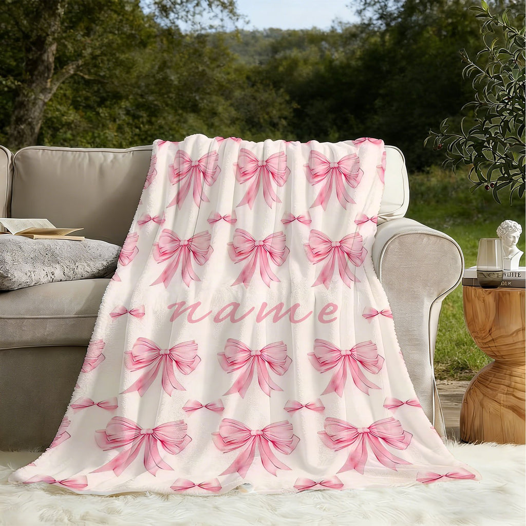 Personalized Custom Name Blanket, Pink Bow Fleece Blanket, Gift for Outdoor Enthusiasts, All-Season Plush Blanket, Suitable for Home And Travel, Comfortable Personalized Blanket, Ideal Holiday Gift for Family And Friends