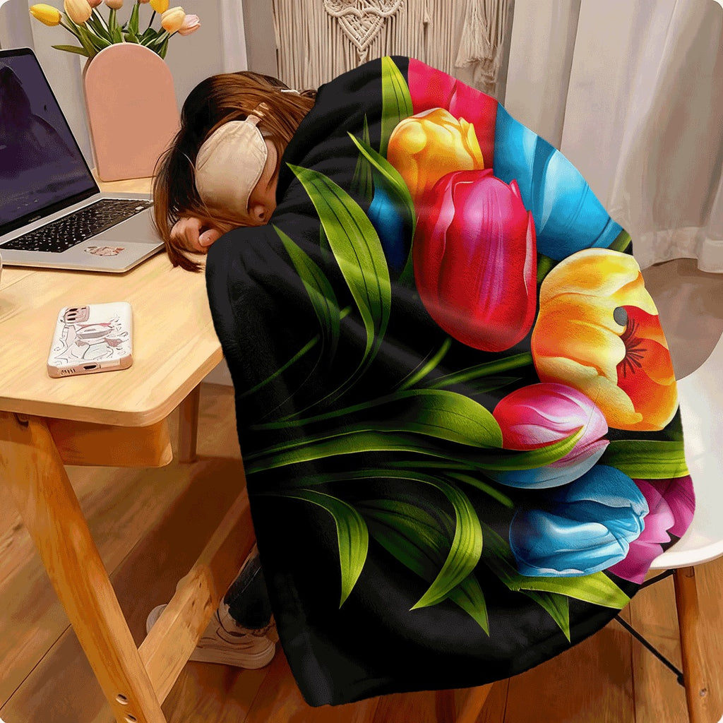 1pc Vibrant Colorful Tulip Bouquet Print Flannel Blanket Soft Cozy All-Season Throw for Couch Sofa Room Decor Beautiful Flower Design Warm Flannel Material