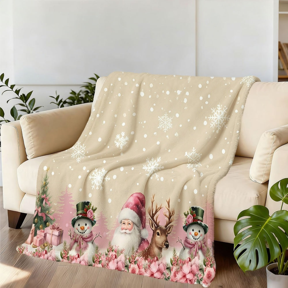 Christmas Snowman And Reindeer Pattern Pink Snowflake Fleece Blanket, Soft Comfortable Warm, Cream-Colored Design, Durable Plush, All-Season Sofa Blanket, Warm Cover, Multiple Sizes Available, Suitable for Living Room Sofa, Bedroom