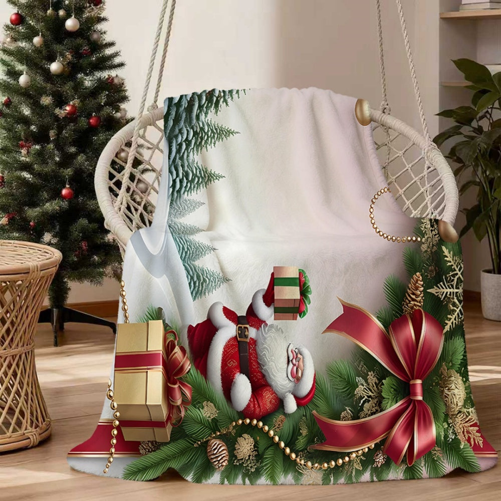 1pc, Santa Claus And Pine Branch Decor Flannel Blanket, Soft Comfortable Warm, Red And Golden Main Colors, Durable Plush Surface, All-Season Sofa Blanket, Warm Cover Blanket, Multiple Sizes Available, Suitable for Living Room Sofas, Bedroom