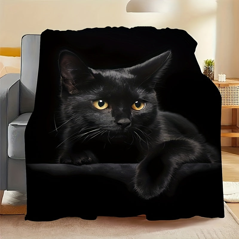 1pc Black Cat Print Blanket, Simple and Elegant Throw Blanket, Super Warm Soft and Comfortable Flannel Blanket, Multiple Sizes Available, Suitable for Living Room, Bedroom, Sofa, Office