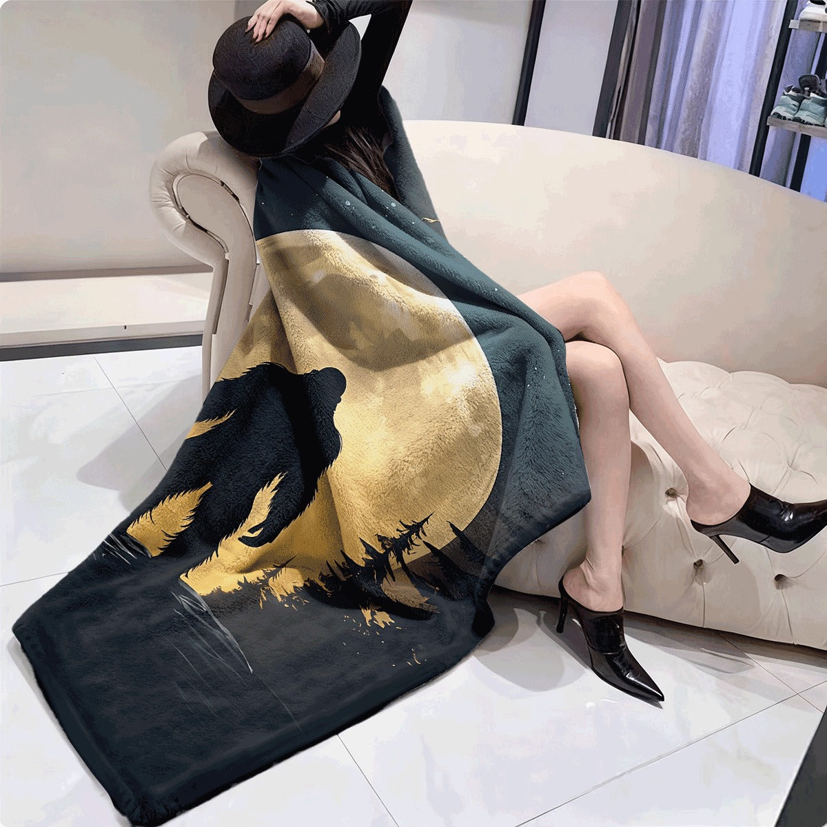 1pc Cozy Bigfoot Moonlight Flannel Throw Blanket Soft Warm & Plush with Full Moon & Forest Design Perfect for Couch Office & Camping Ideal Gift for Family & Friends Available in Multi