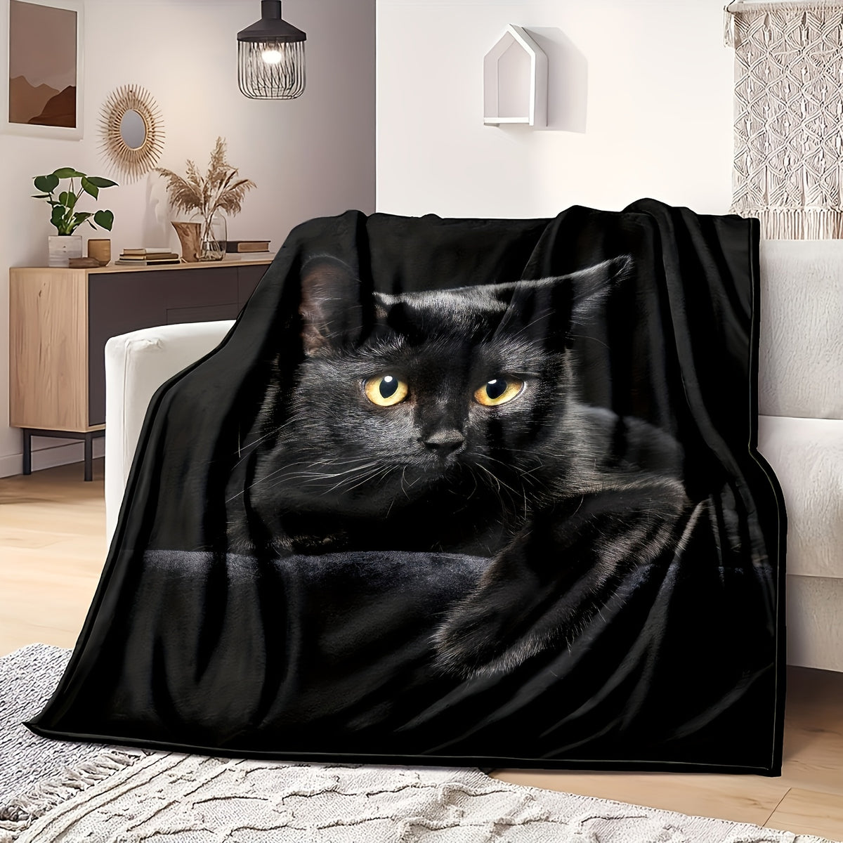 1pc Ultra Cozy Super Soft Black Cat Print Flannel Blanket - Throws for All-Season Warmth And Snugness - Perfect Luxurious Gift for Couch, Sofa, Bed, Camping & Travelling with Soft Brushed Fabric And Versatile Design