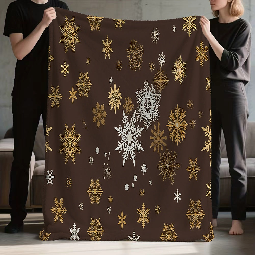 1pc Golden And White Snowflake Christmas Theme Flannel Blanket, Soft Comfortable Warm, Dark Brown Design, All-Season Blanket, Warm Cover, Multiple Sizes Available, Suitable for Living Room Sofa, Bedroom, Reading Corner, Leisure Time