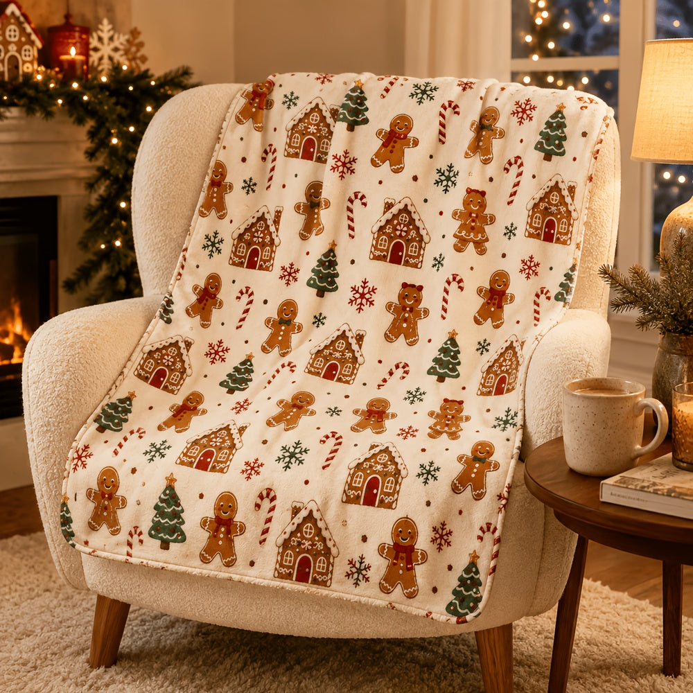 Blanket, Gingerbread Candy Christmas Blanket, Cream White Holiday Cartoon Style Soft Blanket, Living Room Sofa Bedroom Autumn And Winter Warm Home Decoration Blanket