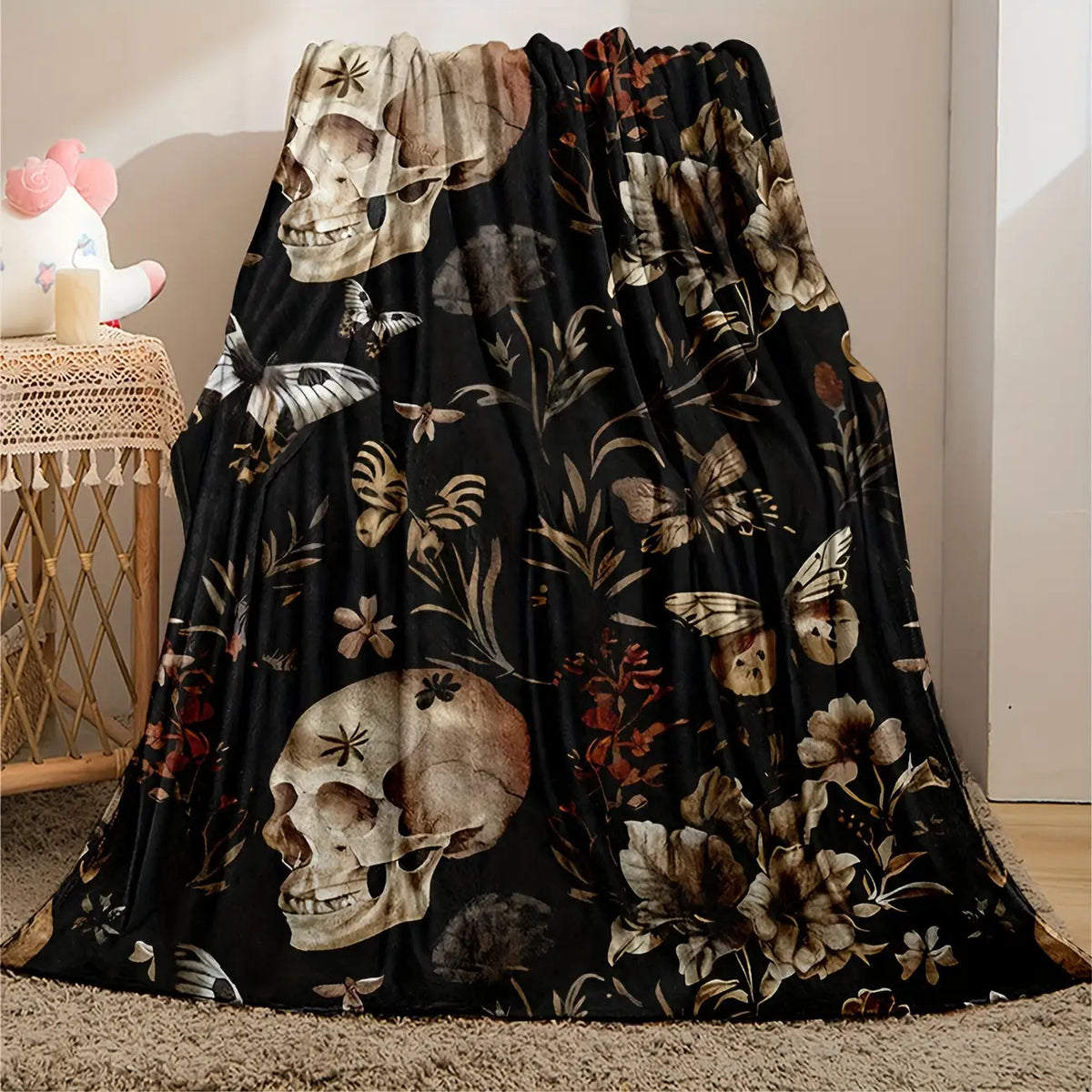 Skull& Floral Flannel Throw Blanket- Soft, Warm, and Cozy for Couch,, Travel, and Office- Versatile All-Season Gift