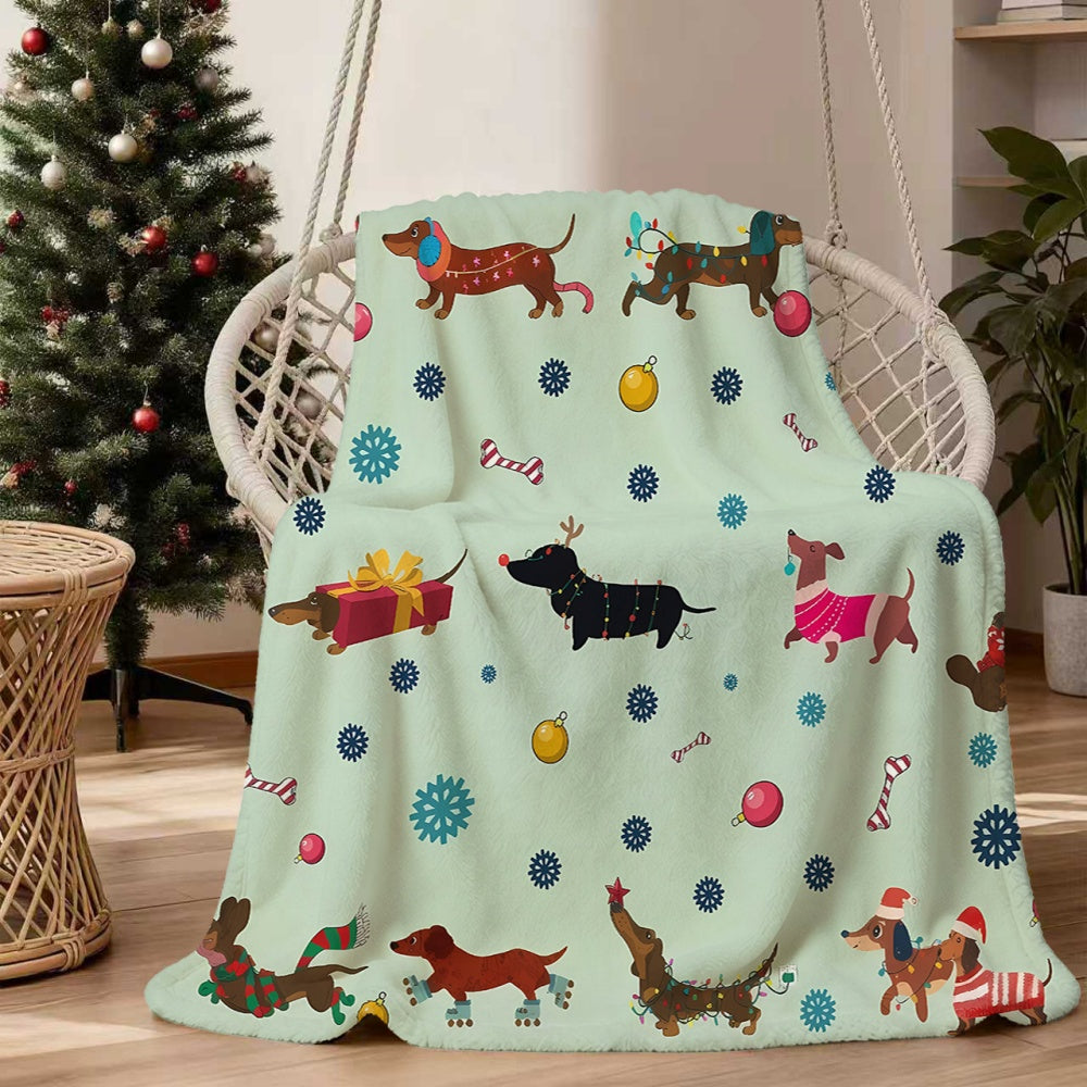 1pc Christmas Dog-Themed Flannel Blanket, Soft Comfortable Warm, Light Green Design, All-Season Blanket, Warm Cover, Multiple Sizes Available, Suitable for Living Room Sofa, Bedroom, Office Rest, Reading Time, And Holiday Decor