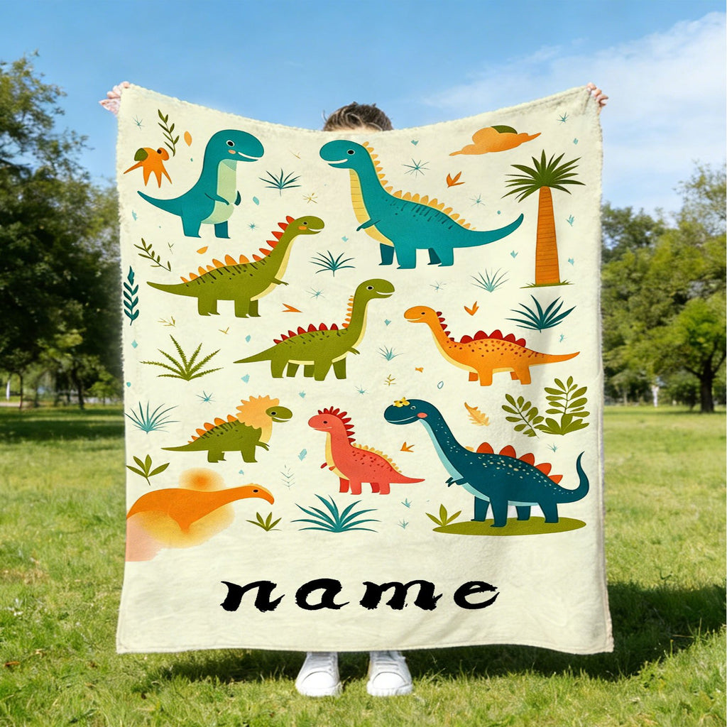 Personalized Custom Name Blanket, Cute Cartoon Baby Dinosaur Flannel Blanket, Plush Blanket Gift for Outdoor Enthusiasts, All-Season Gift Blanket Suitable for Home and Travel, Comfortable Personalized Blanket, Holiday Gift for Family and Friends