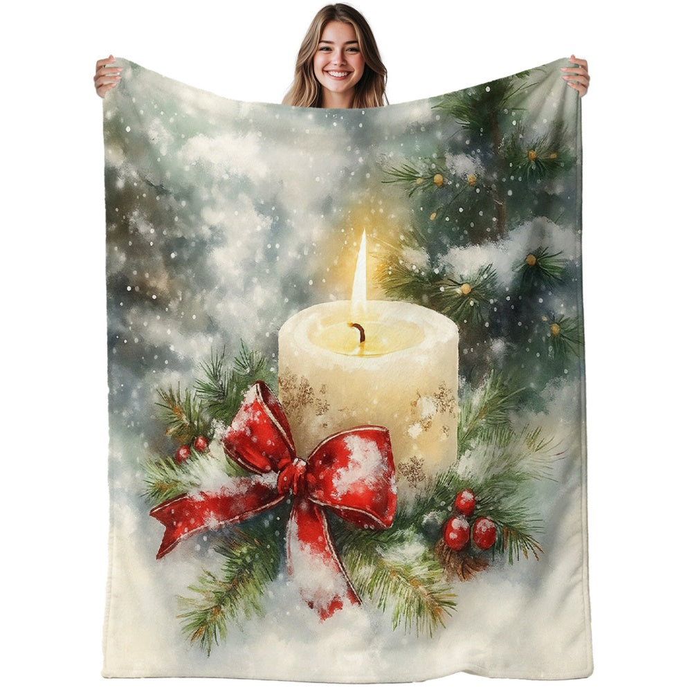 1pc Christmas Candle And Pine Branch Berry Flannel Blanket, Off-White Warm Tone Design, Durable Plush Warm Throw, Suitable for Weekend Sofa Naps, Home Afternoon Rest, Camping Leisure