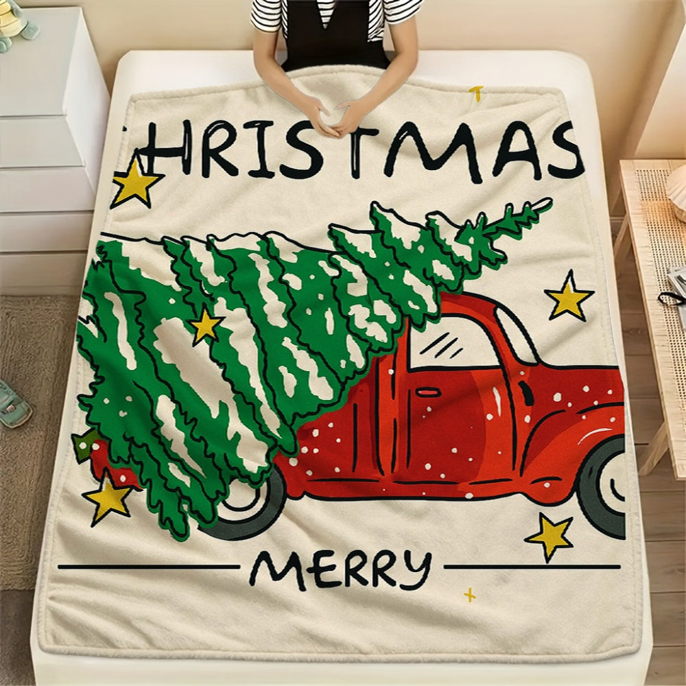 1pc Christmas Red Card with Green Tree Pattern Cream Beige Flannel Blanket, Festive Warm Design, Soft Plush All-Season Use, Suitable for Office Nap, Weekend Sofa Relaxation, And Home Leisure
