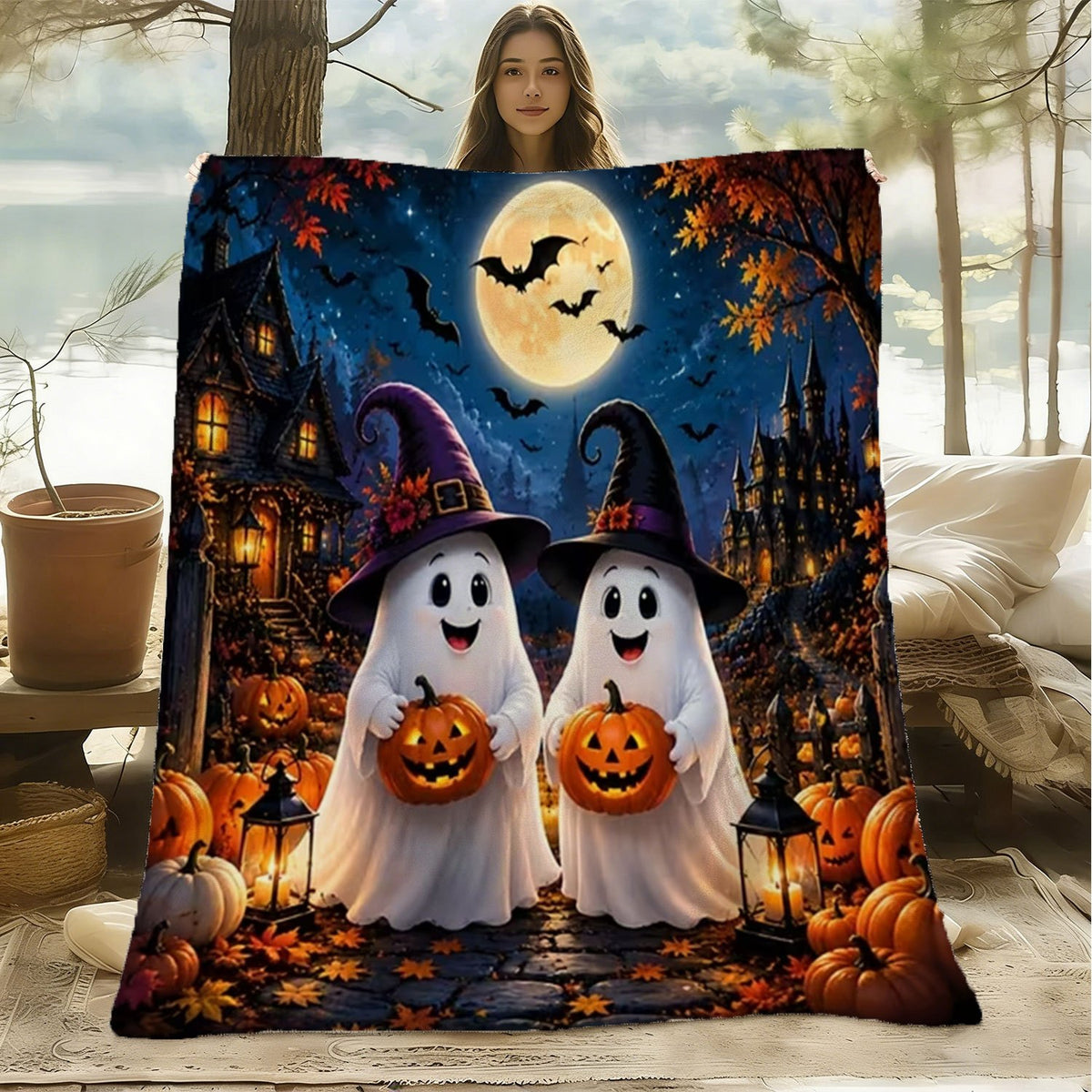 1pc Halloween Fleece Blanket, Soft Comfortable Throw Blanket with Pumpkin Ghost Bat Moon Pattern, Suitable for Office, Sofa, Living Room, Warm Decorative Item, Home Holiday Decor Gift
