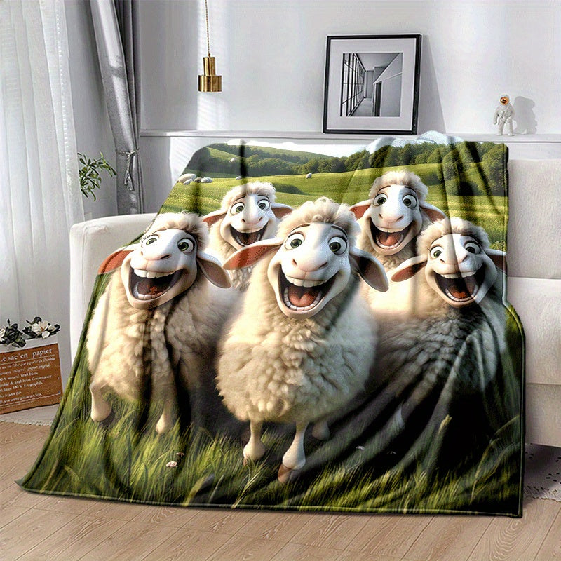 1pc 2D Printed Fleece Pastoral Style Sheep Blanket, Cute Cartoon Sheep Pattern Design - Soft, Warm, And Comfortable, Lightweight And Durable, Multiple Sizes Available, Ideal for Holiday Gatherings, Living Room Leisure, Bedroom Warmth, Office Nap