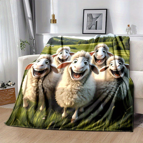 1pc 2D Printed Fleece Pastoral Style Sheep Blanket, Cute Cartoon Sheep Pattern Design - Soft, Warm, And Comfortable, Lightweight And Durable, Multiple Sizes Available, Ideal for Holiday Gatherings, Living Room Leisure, Bedroom Warmth, Office Nap