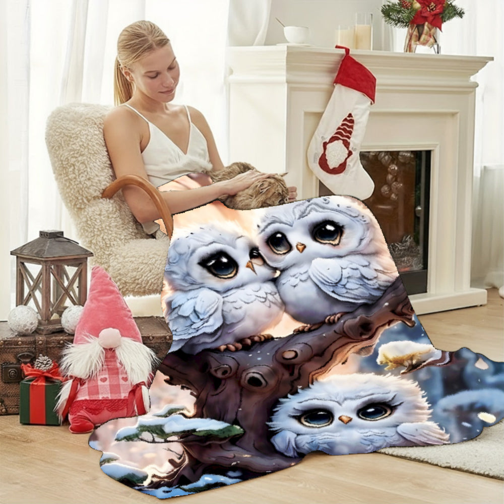 Cute Snowy Owl, Winter Gift, Soft Blanket, Adorable Tree Design, Cozy Home Decor, Multifunctional Warm Throw