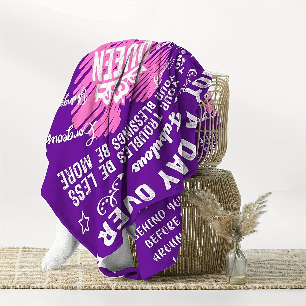 1pc Queen Birthday Flannel Blanket - Royal Purple with Pink & White Accents, Heartfelt Messages & Crown Design, All-Season Soft Throw Gift for Women, Mom, Daughter, Sister, Friends, Girlfriend, Sentimental Keepsake, Playful Design, Cozy Fabric, Keepsake I