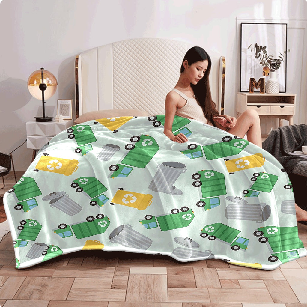 1pc All-Season Flannel Blanket with Colorful Recycling Garbage Trucks And Bins Print Ultra-Soft Lightweight Fleece Throw for Sofa Cozy Room Decor Blanket