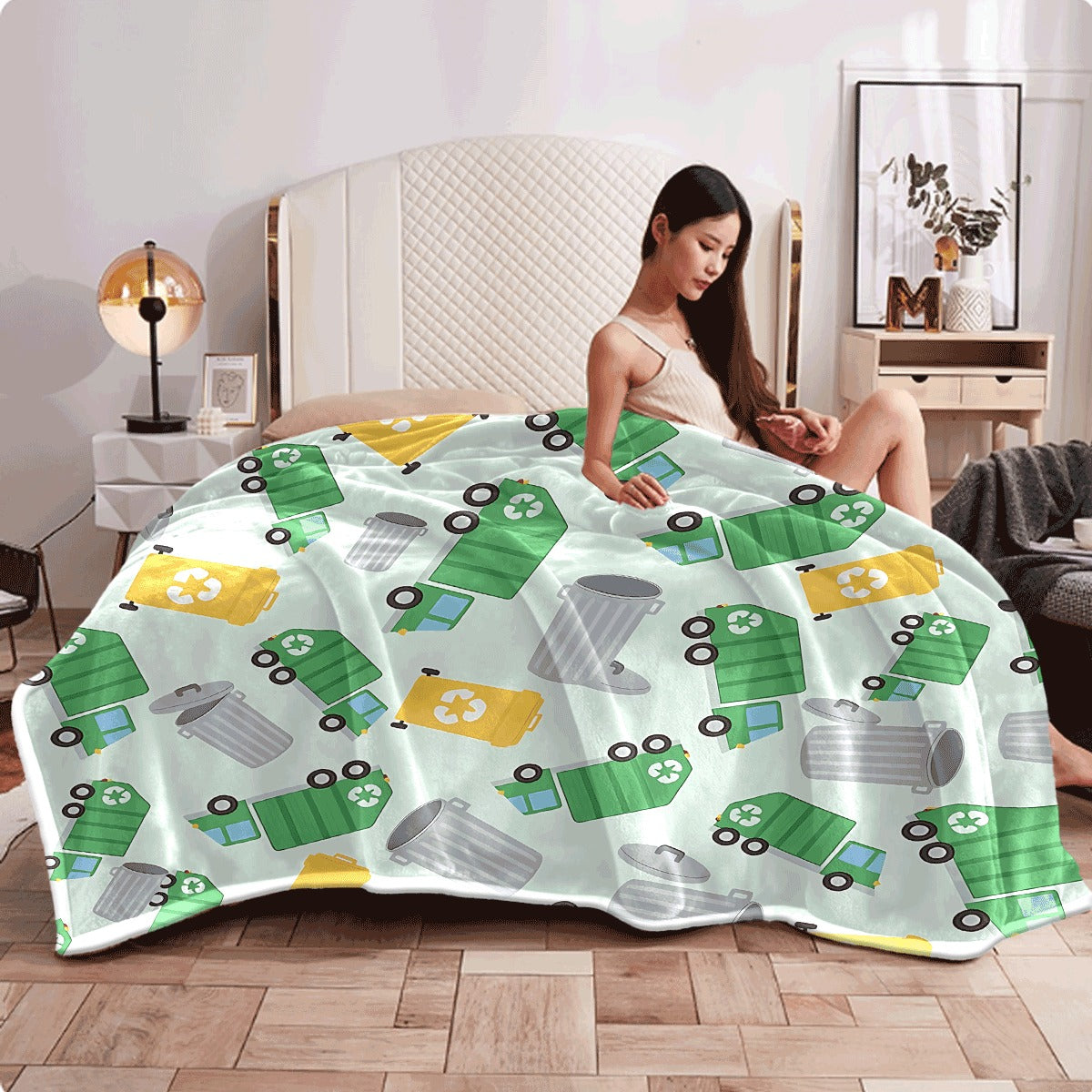 1pc All-Season Flannel Blanket with Colorful Recycling Garbage Trucks And Bins Print Ultra-Soft Lightweight Fleece Throw for Sofa Cozy Room Decor Blanket