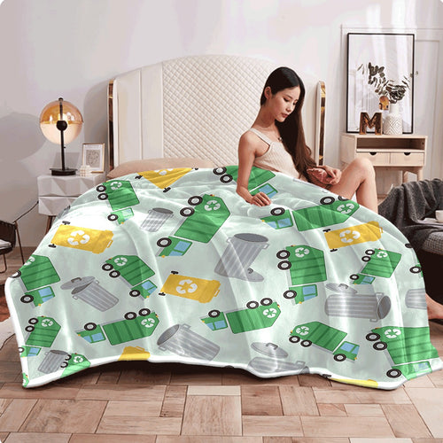 1pc All-Season Flannel Blanket with Colorful Recycling Garbage Trucks And Bins Print Ultra-Soft Lightweight Fleece Throw for Sofa Cozy Room Decor Blanket