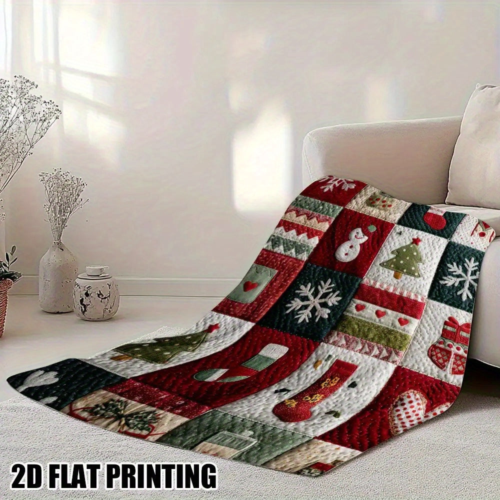 Cozy Christmas Quilt Print Flannel Throw Blanket- Soft, Warm, and Festive Design with Snowmen, Trees, and Holiday Decor- Perfect for Sofa, Bed, Chair, Living Room, or Office- Ideal Gift, Shipped Next Day, 280gsm, Christmas Decorations for Home
