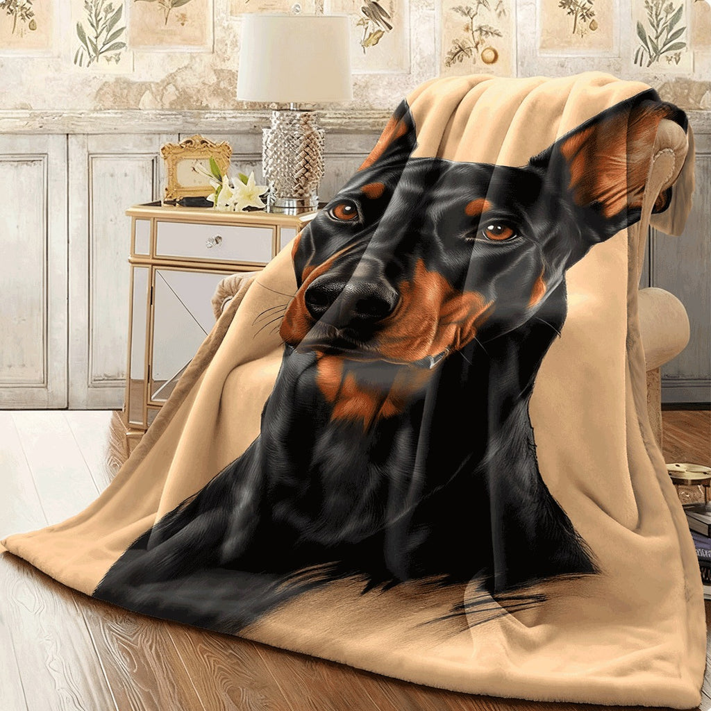 1pc Soft Flannel Blanket with Doberman Portrait Design Warm Cozy Fleece Throw for Sofa All-Season Comfort Dog Lover Gift Machine Washable