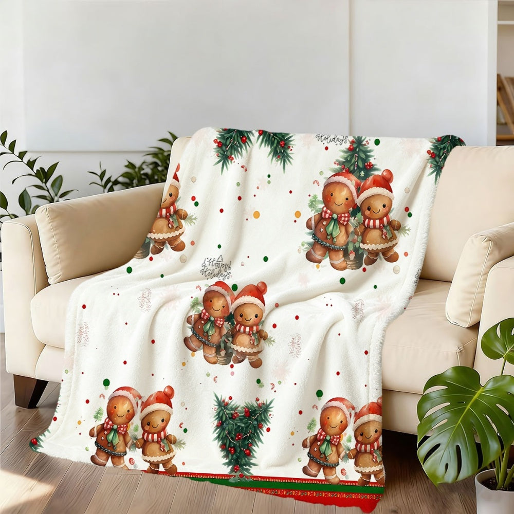 1pc, 1 Christmas Gingerbread for Man with Pine Branch Pattern White Flannel Blanket, Soft, Comfortable, and Warm, Festive Design, Durable Plush Surface, All-season Universal Sofa Blanket, Thermal Throw Blanket, Multiple Sizes Available