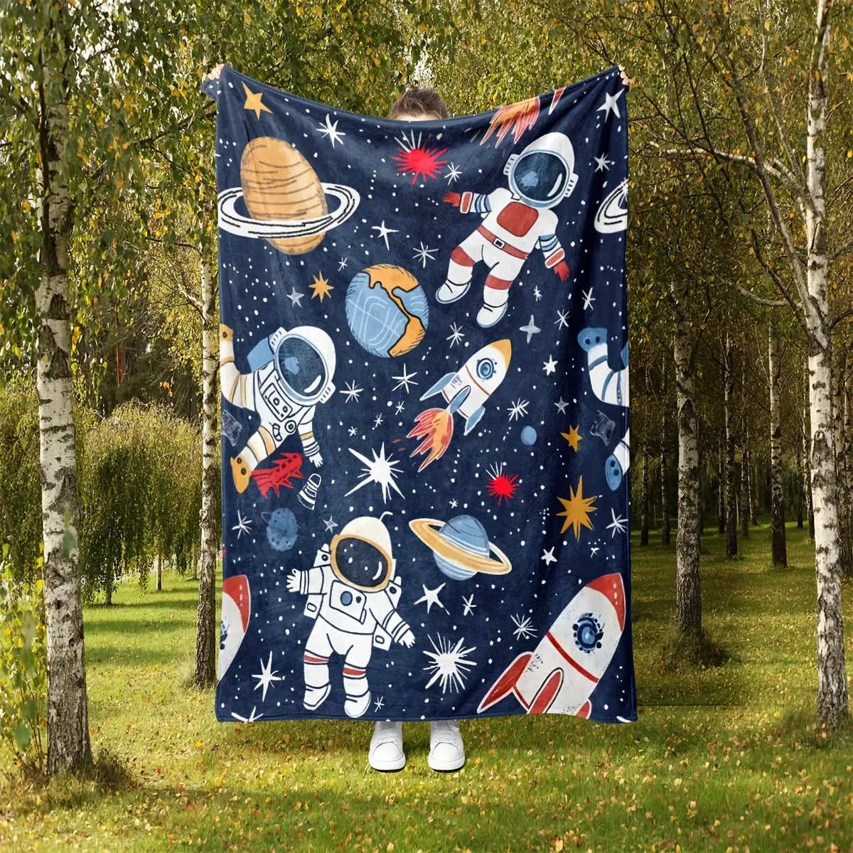 1pc Cozy Astronaut Blanket - Soft Flannel Fleece Space-Themed with Planets & Rockets, Lightweight All-Season Throw Suitable for, Sofa, Travel, Camping, & Room Decor