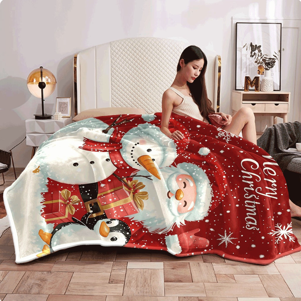 One Cozy Fleece Blanket Featuring Santa, a Snowman, And a Penguin, Made of Soft And Warm Polyester. Perfect for Naps, Camping, Travel, Office Use, And Home Decoration. an Ideal Holiday Gift