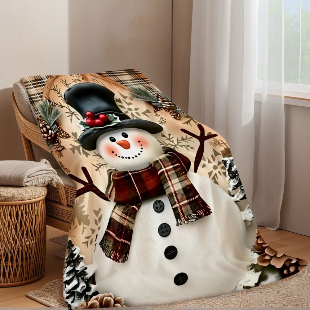 1pc Parabolic Blanket with Happy Snowman And Snowflake Edges, Comfortable Winter Theme, Soft Material, Decorated with Holly And Pinecones, Perfect for Living Rooms, Bedrooms, And Holiday Gifts