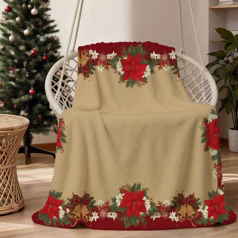 1pc Christmas Red and Golden Bell with Poinsettia Pattern Flannel Blanket, Soft, Comfortable, and Warm, Beige Base with Red Border Design, All-season Universal Sofa Throw, Warm Lap Blanket, Multiple Sizes Available, Suitable for Living Room Sofas