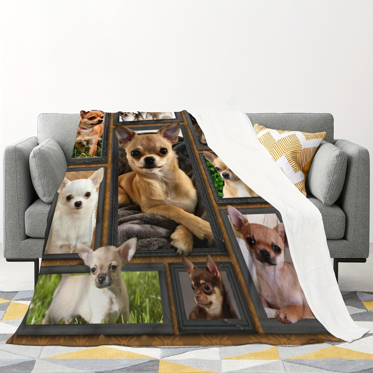 1pc Vintage Style Chihuahua Dog Print Flannel Blanket - Soft Warm All-Season Throw with Multi-Color Animal Design, Hand Wash Only for Couch Sofa Bed Office Camping Travel, Cozy Home Decor Gift, Dog Blanket, Durable Fabric, Pet Owners