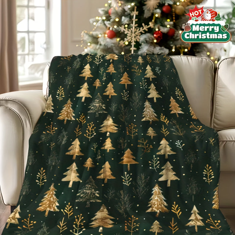 1pc of Christmas-themed Item, Vintage Golden Texture, Cedar, Snowflake, Christmas Tree, Christmas, Printed Blanket, Soft and Warm, Suitable as a Holiday Gift for Classmates, Friends, Family, and Loved Ones, Suitable for Naps, Camping, Travel