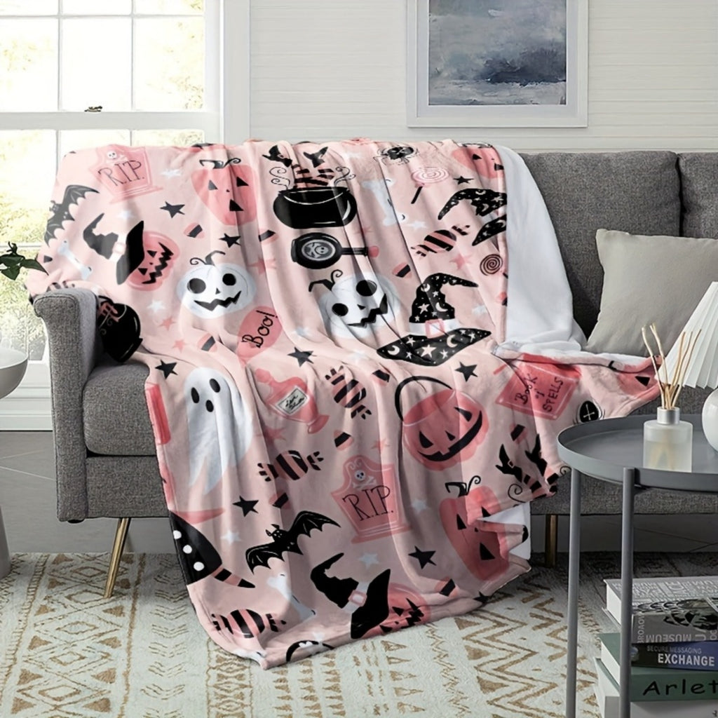 1pc 2D Flat Printing, Halloween Pumpkin And Witch Hat Pattern Blanket, Soft Fleece Throw, Pink And Black Design, All-Season Warm Cover, Multi-Size Available, Suitable for Living Room Sofa, Bedroom Bedside, Reading Nook